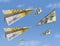 Paper airplanes made of a 200 Euro notes  fly past planes made of a US 100 dollar note