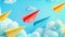 Paper airplanes in the sky in 3D. Modern cartoon airplanes in the air. Yellow, red, and blue paper airplanes flying in