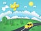 Paper art background, yellow airplane in the sky, car on the road