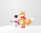 Paper art concept. A happy fox build a snowman on snow field in paper cut style