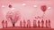 Paper art , cut and digital craft style of the lover with heart hot air balloon and sunny on pink sky background as romantic ,
