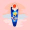 Paper art depth style. Design sea wave depth, starfish and coral inside surfboard shape in summer time. Summer beach vacation.