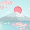 Paper art of japan landmark travel banner with fuji mountain and cherry blossom flower background vector