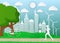 Paper art. man are running in city parks, ecology idea. vector illustration background