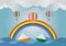 Paper art of sailing boat on sea and colorful hot air balloon with rainbow. Vector illustration