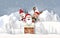 Paper art of Santa Claus, Snowman and Reindeer at the chimney in village with snow mountain background