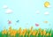 Paper art style Barley field and birds sun with cloud background