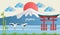 Paper art style of japan landmark travel banner with fuji mountain, red crowned crane. Tokyo culture symbols