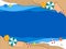 Paper art Top view of cartoon abstract waves on ocean blue, sand beach with umbrellas, swim ring, beach ball, chair,Vector