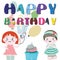 Paper baby dolls with baloons, cupcake and note happy birthday