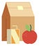 Paper bag with apple and juice box. Lunch pack icon