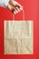 Paper bag at arm`s length, brown craft bag for takeaway isolated on red background. Packaging template layout with space for