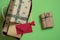 Paper bag with Christmas gifts and red envelope. Above view and