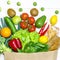 Paper bag of different health food on white wooden background. Top view