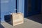 Paper bag with food delivery in front of house entrance. Grocery order delivered contact free. Package left at door mat