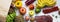 Paper bag of groceries on white wooden background, overhead view. Health food.