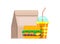 Paper bag lunch fast food. Bag food juicy fresh hamburger striped glass soda.