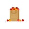 Paper bag, package with fresh red, yellow and pink tomatoes on a white background. ECO product. Flat design colored