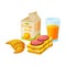 Paper Bag Package with Healthy Breakfast, Orange Juice, Croissant, Sandwich with Sausage and Cheese Vector Illustration