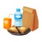 Paper Bag Package with Healthy Breakfast, Plastic Bottle of Water, Orange Juice, Bread with Butter Vector Illustration