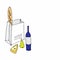 Paper bag with products. Wine, cheese, fruit, bread isolated on a white background. Paper containers for takeaway food