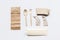 Paper bags, fork and spoon for take away set top view space for text
