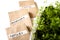 Paper bags of seeds parsley , rosemary , thyme. Herbal garden for balcony in apartment. Planting time, spring season. close up