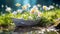 Paper boat with spring flowers and blooms floating on the water surface.