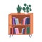 Paper books, potted plants on shelf. Wood bookshelf, furniture for literature rows store, storage. Trendy wooden