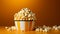 Paper box with popcorn on yellow and copy space horizontal web banner Cinema and movie fast food