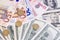 Paper Cash bills EURO and Dollars and pennies Ukrainian hryvnia close-up