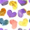 Paper circles seamless pattern. Many scattered watercolor hearts