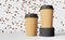 Paper coffee cup black lid falling beans 3D rendering. Coffee shop discount demonstration podium. Hot drink sale banner