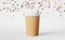 Paper coffee cup white lid falling beans 3D rendering. Coffee shop discount demonstration delivery Hot drink sale banner