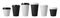 Paper coffee cups with black and white lids. Closed large and small paper cups. Realistic vector mockup.