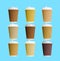 Paper coffee cups with white lid collage on blue background.