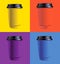Paper coffee thermo cup in yellow, red, blue, violet color, blank plastic container with black lid, take-out coffee