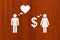 Paper couple, love vs money. Abstract conceptual image