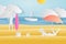 Paper Crafted Cutout World. Concept of summer time, surf board and sea or ocean. Vector illustration