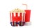 Paper cup, bucket with popcorn, tickets and 3d glasses isolated