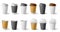 Paper cup. Cardboard cups with cap and mugs for hot coffee and tea. Realistic black, white, brown cafe drinks eco