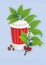 Paper cup of coffee with red stripes and a coffee tree twig on a blue striped background