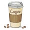 Paper Cup with lid with hot coffee to take away and coffee beans. Vector illustration on white background.