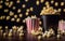 Paper cup with popcorn holiday cinema background color movie industry salty food table