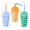 A paper cup. A set of paper cups with a straw. Plastic cups for fast food. A cup for drinks of different colors with a