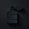 Paper cut Aftershave bottle with atomizer icon isolated on black background. Cologne spray icon. Male perfume bottle