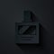 Paper cut Aftershave icon isolated on black background. Cologne spray icon. Male perfume bottle. Paper art style. Vector