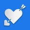 Paper cut Amour symbol with heart and arrow icon isolated on blue background. Love sign. Valentines symbol. Paper art