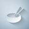 Paper cut Bowl with asian food and pair of chopsticks silhouette icon isolated on grey background. Concept of prepare