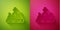 Paper cut British crown icon isolated on green and pink background. Paper art style. Vector